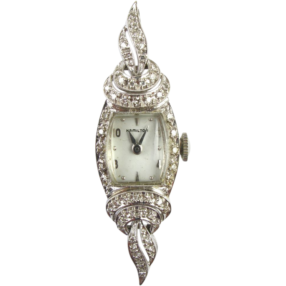 Art Deco 14k White Gold & Diamond Ladies Hamilton Watch from ...