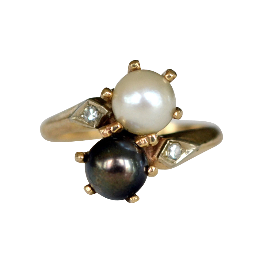 Black and White Cultured Pearl 14k Bypass Ring with Diamonds from ...