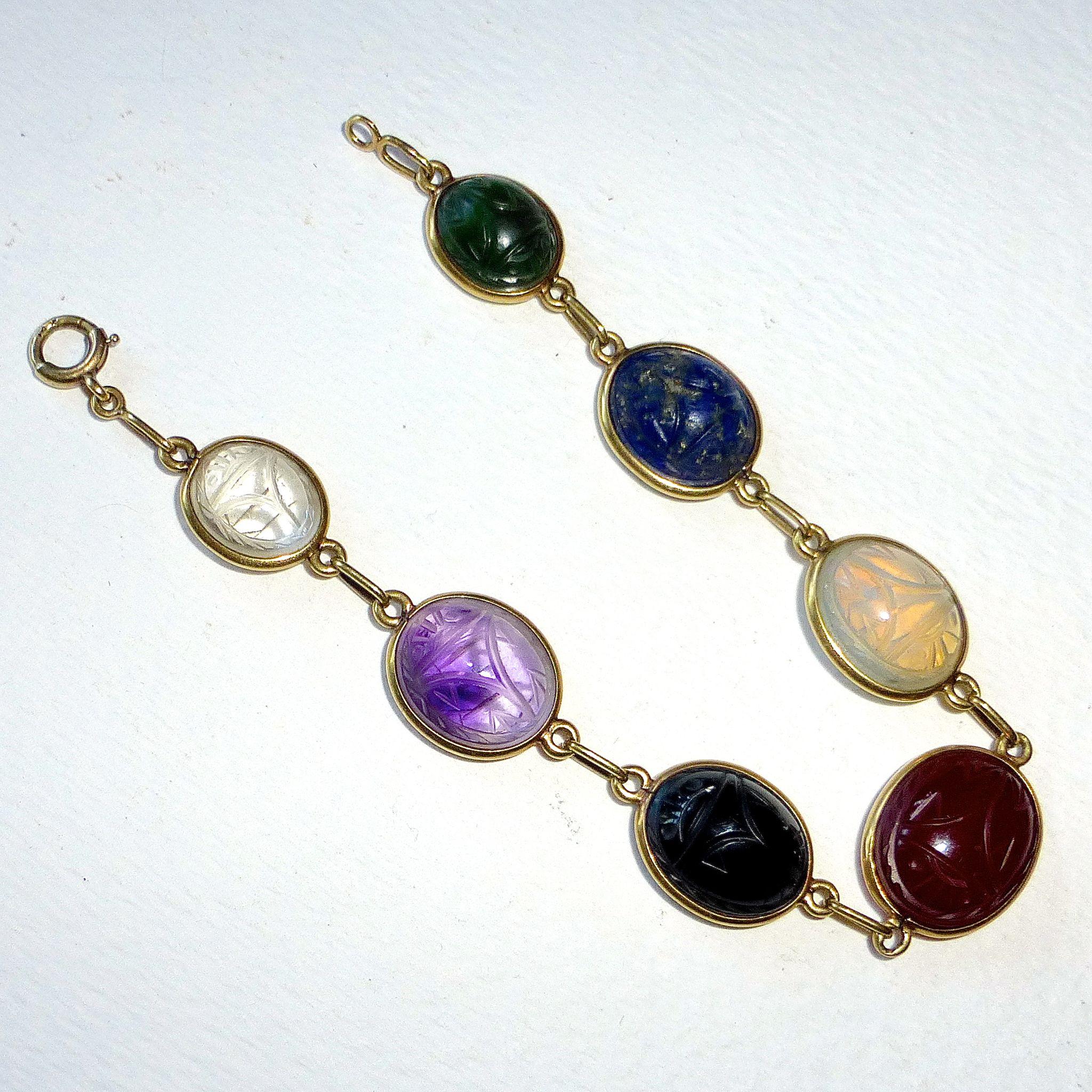 14k Egyptian Revival Gemstone Scarab Bracelet from bejewelled on Ruby Lane