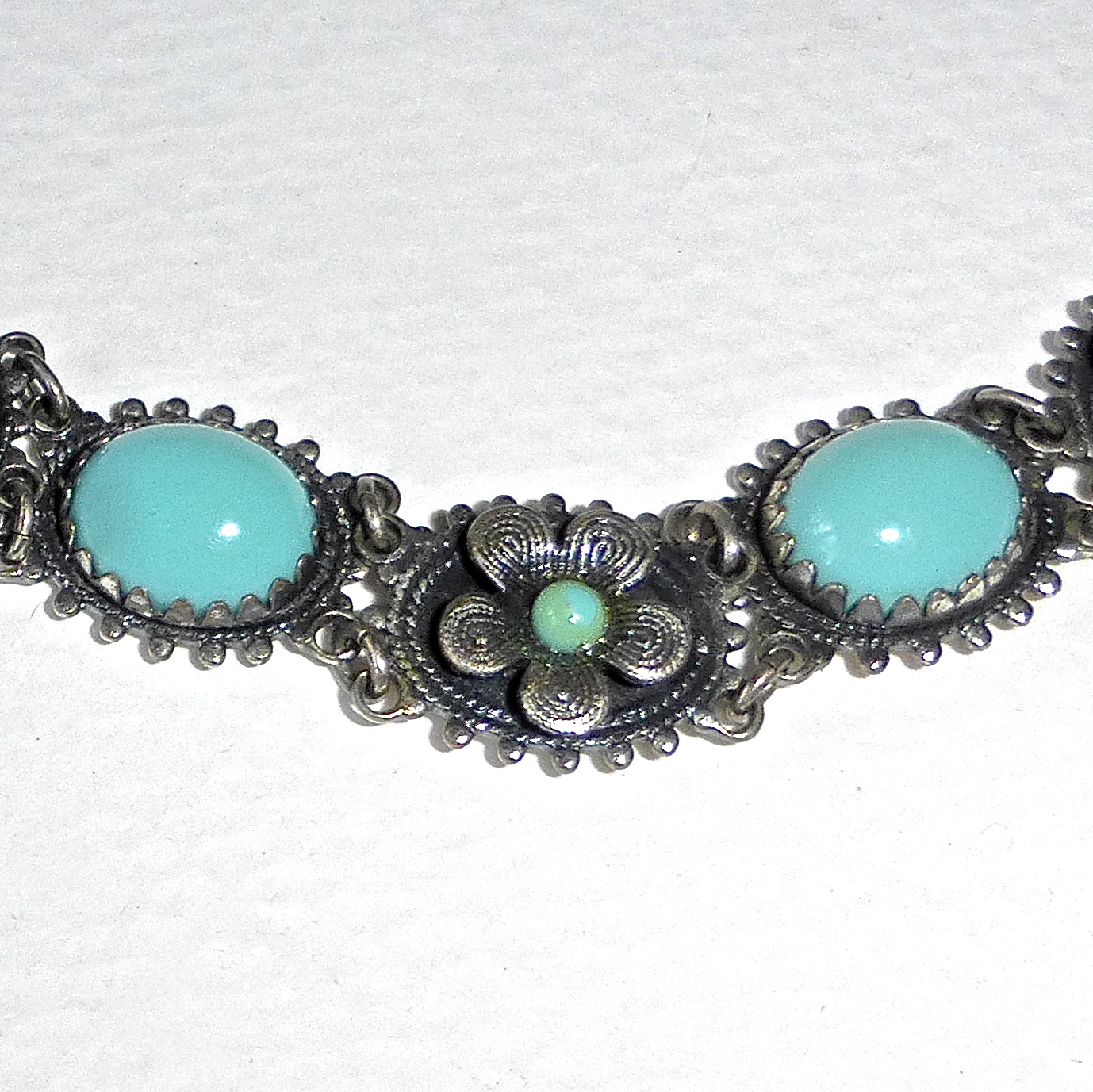 Silver Metal Faux Turquoise Costume Bracelet from bejewelled on Ruby Lane
