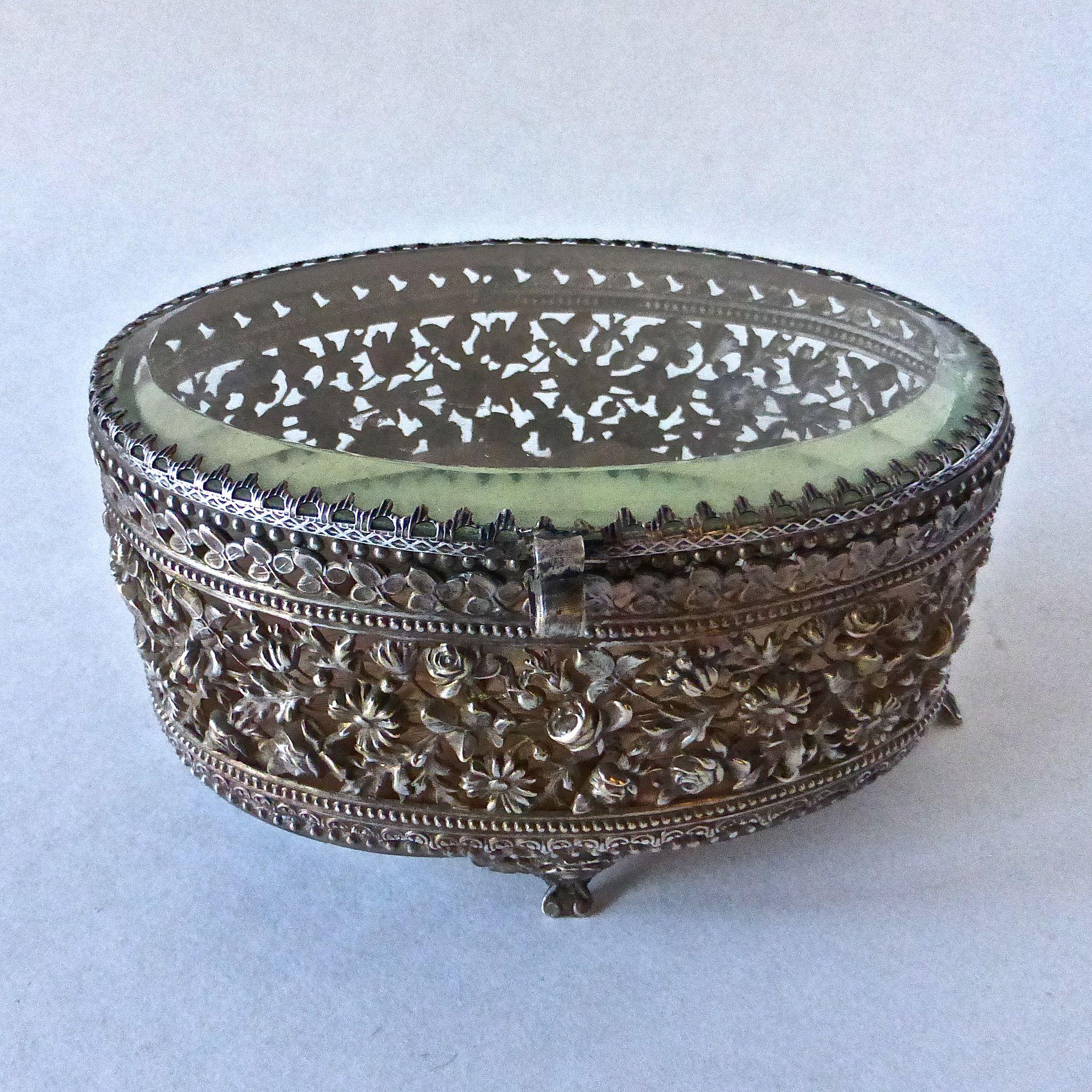 Filigree & Beveled Glass Trinket Box w Original Silk Liner from ...