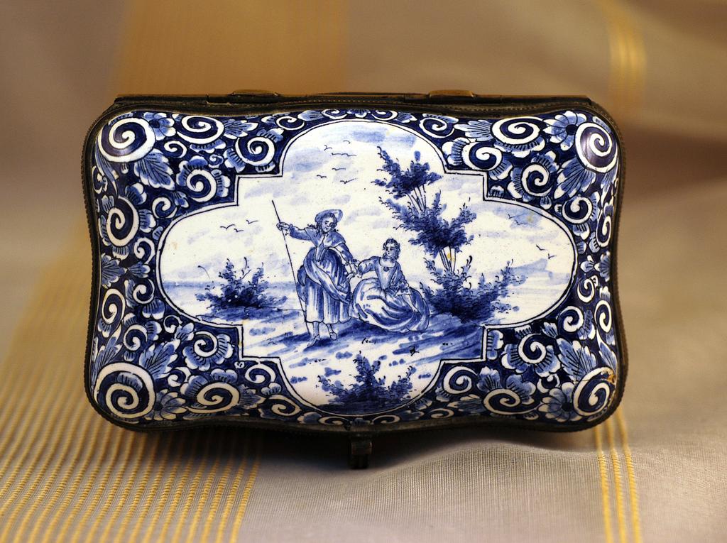 Antique French Faience Box Blue & White Figural  