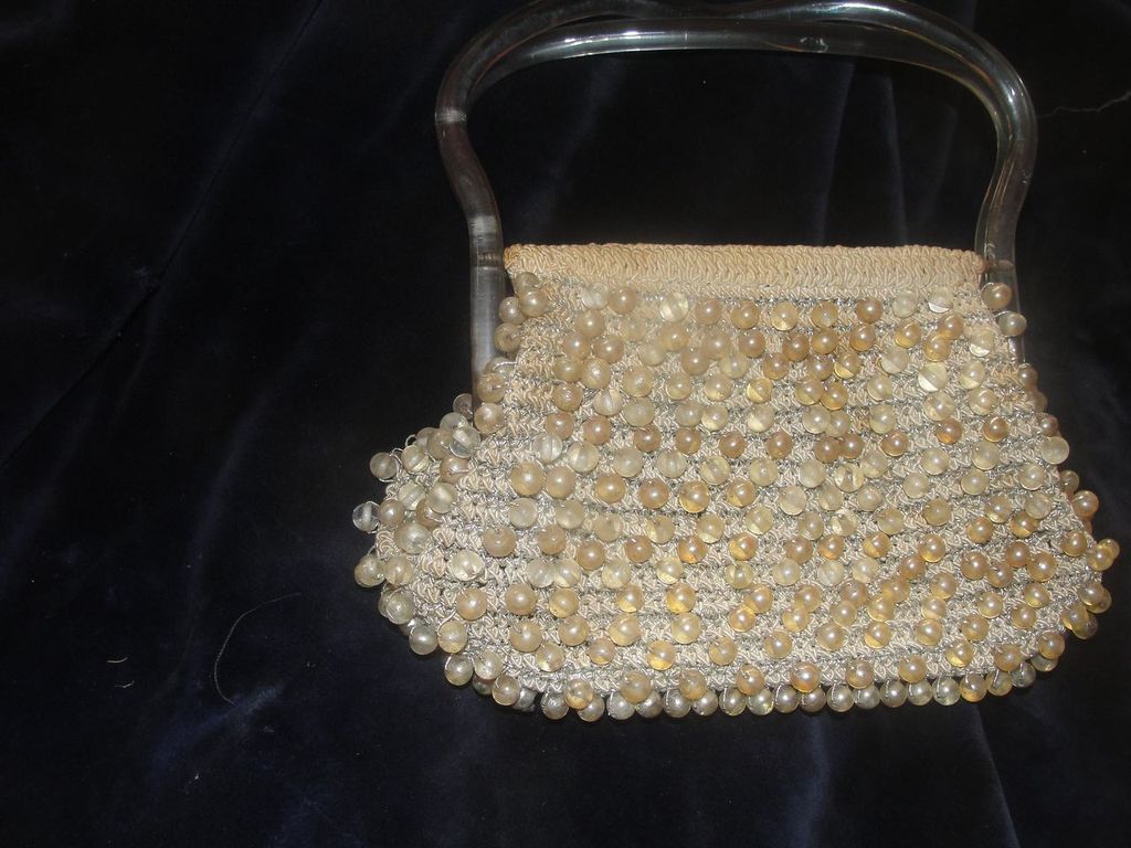 Lucite Handle Crocheted Beaded Handbag - b23