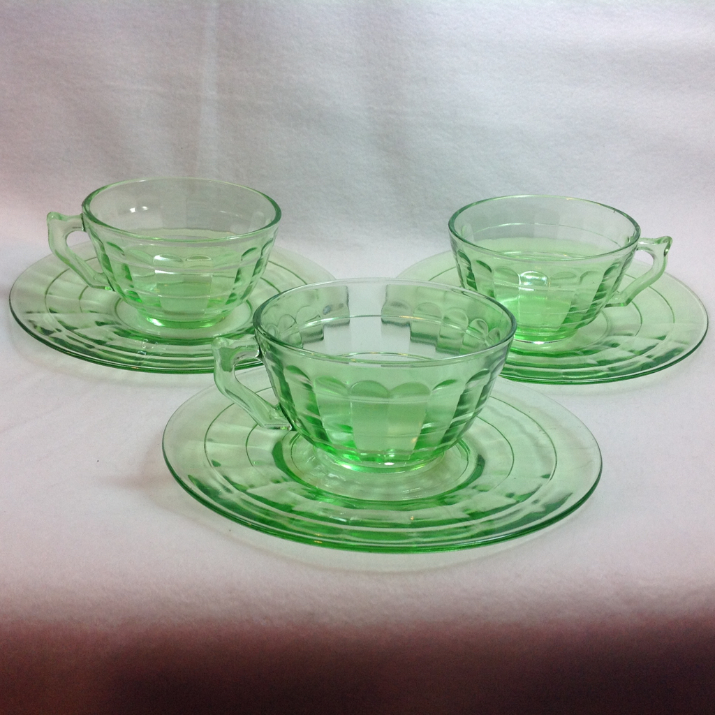 Set of Three Hocking Block Optic Green Depression Glass Cups and from ...