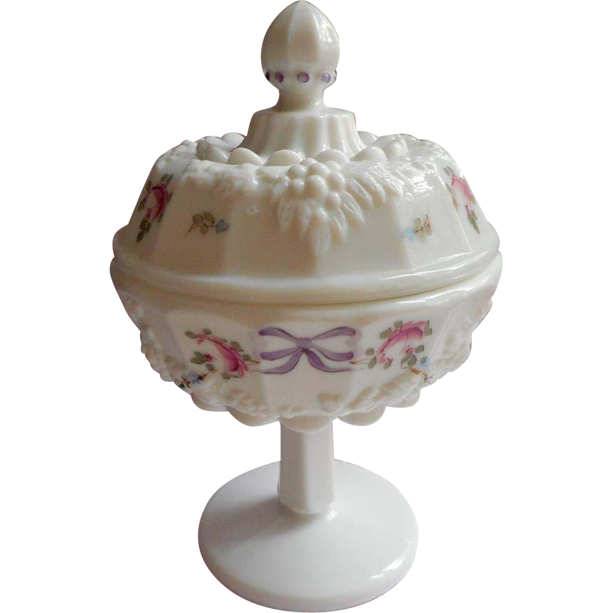 Bows Roses Milk Glass Pedestal Candy Dish Westmoreland Grape Vintage ...