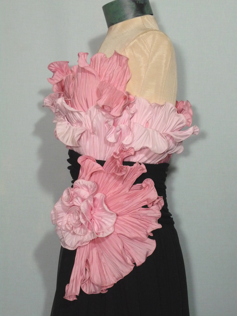 Vintage 1980s Pink Cabbage Rose and Black Chiffon Strapless Evening ...