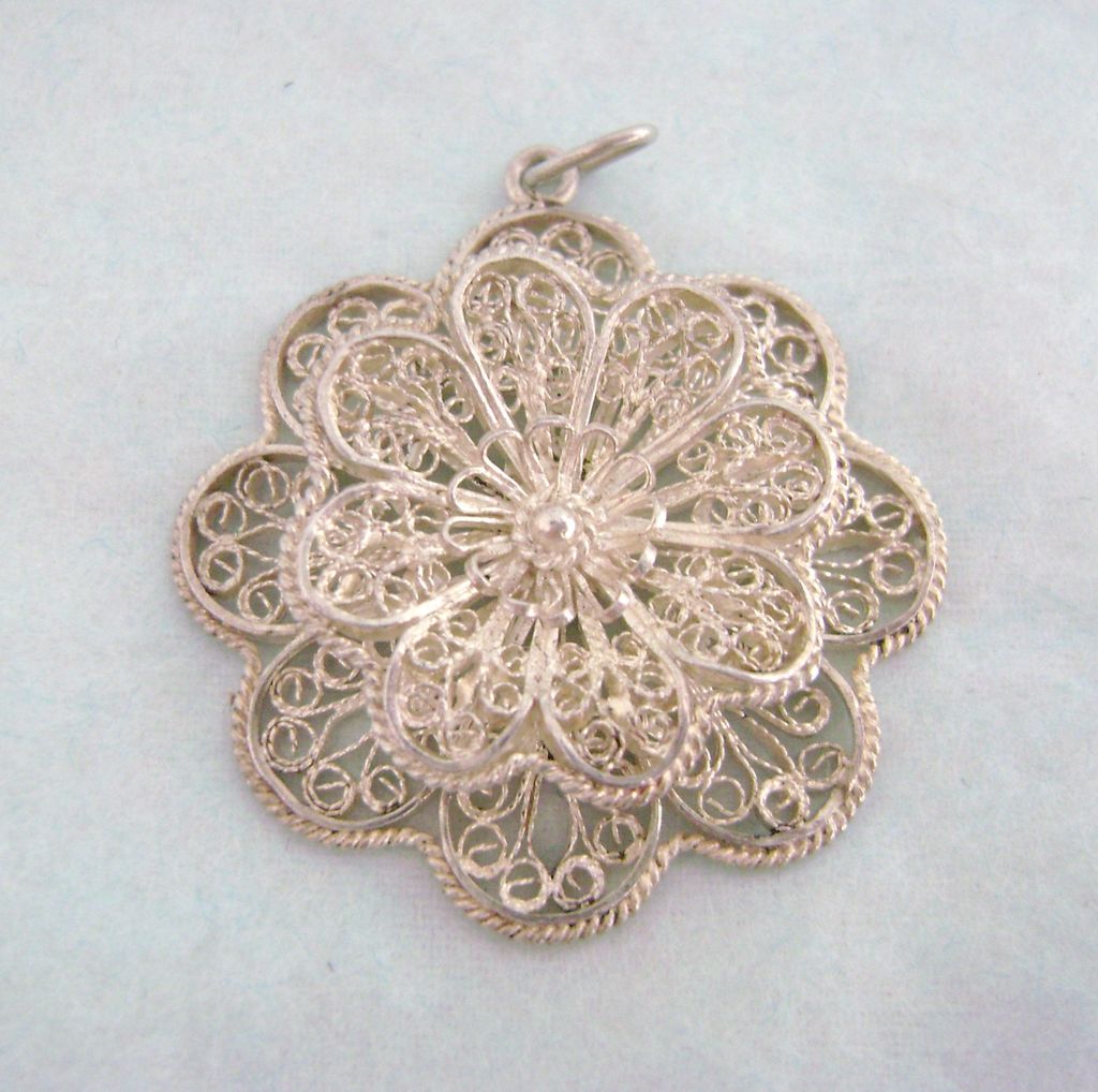Vintage Ornate Spun Silver Filigree Flower Pendant from ...