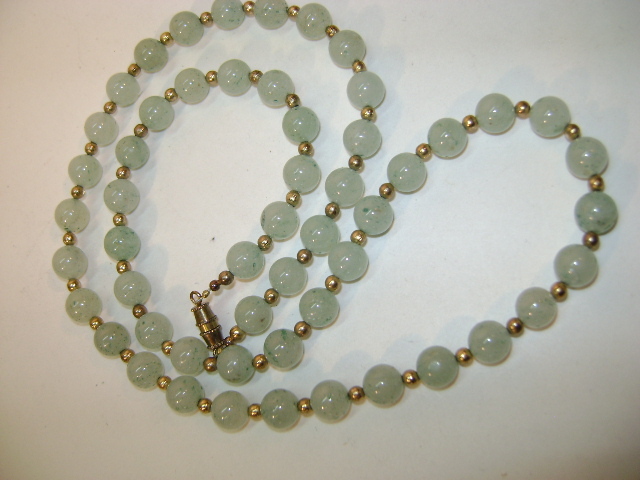 VINTAGE Jade-like Necklace with Gold tone beads from ruthsantiques on ...