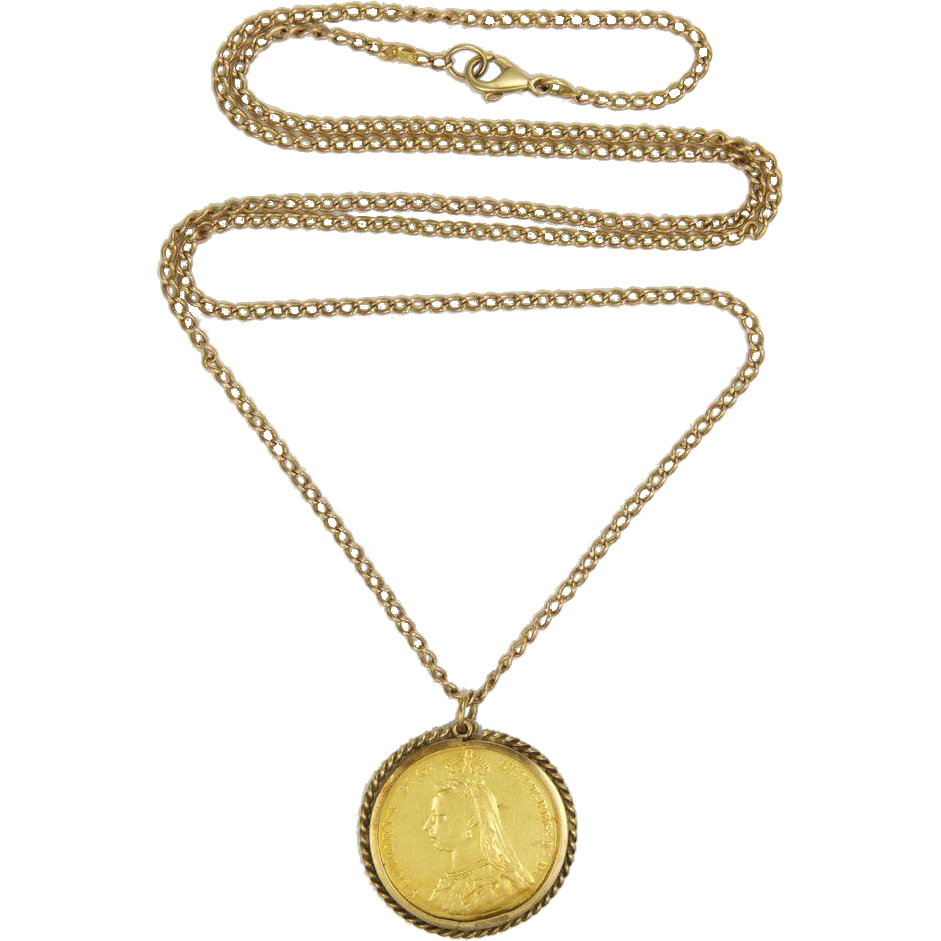 Victorian Sovereign 22K Gold Pendant with 9K Surround Antique Chain ...