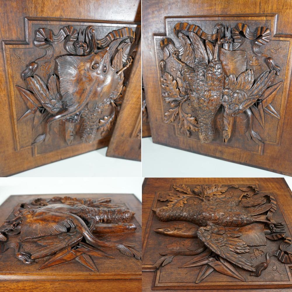 Pair Antique Black Forest Hand Carved Wood Panel Hunting Wall Plaque ...