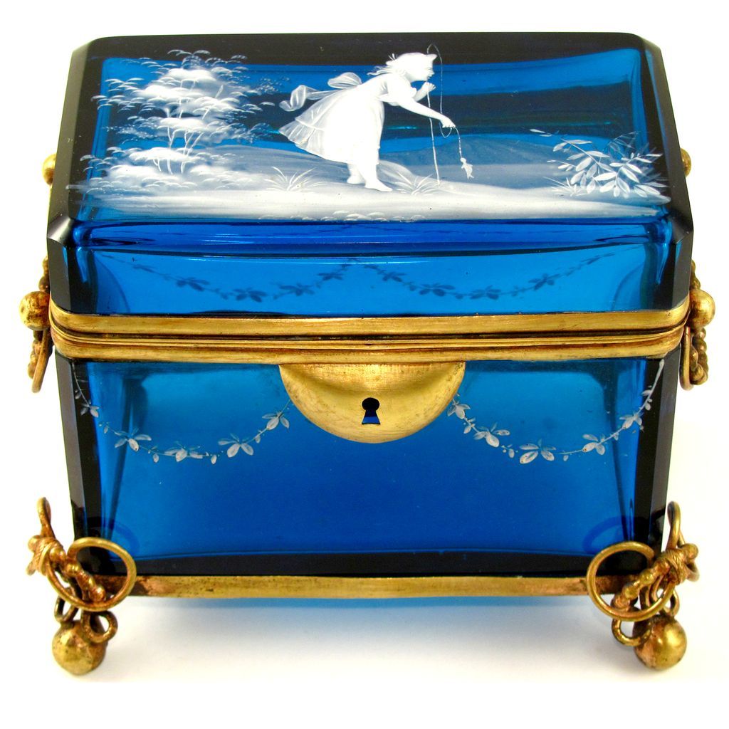 Antique Mary Gregory Blue Glass Hand Painted White Enamel Jewelry Box ...