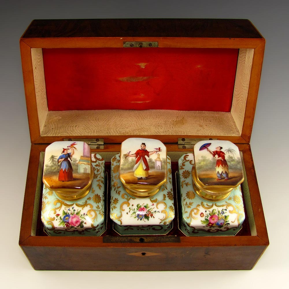 Antique French Inlaid Tea Caddy / Chest, Hand Painted Porcelain from ...