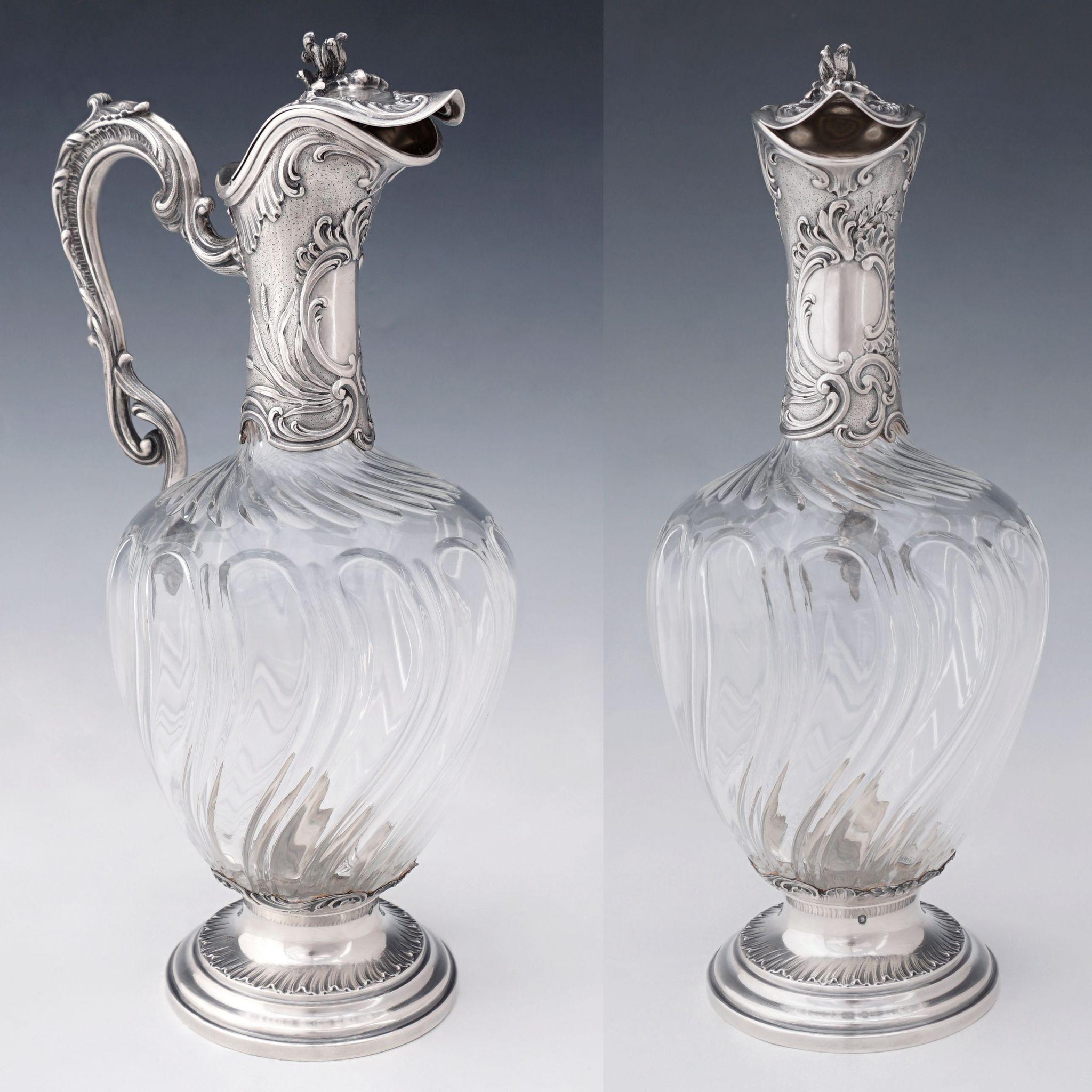 Antique French Sterling Silver Cut Glass Tall Claret Jug Wine Decanter