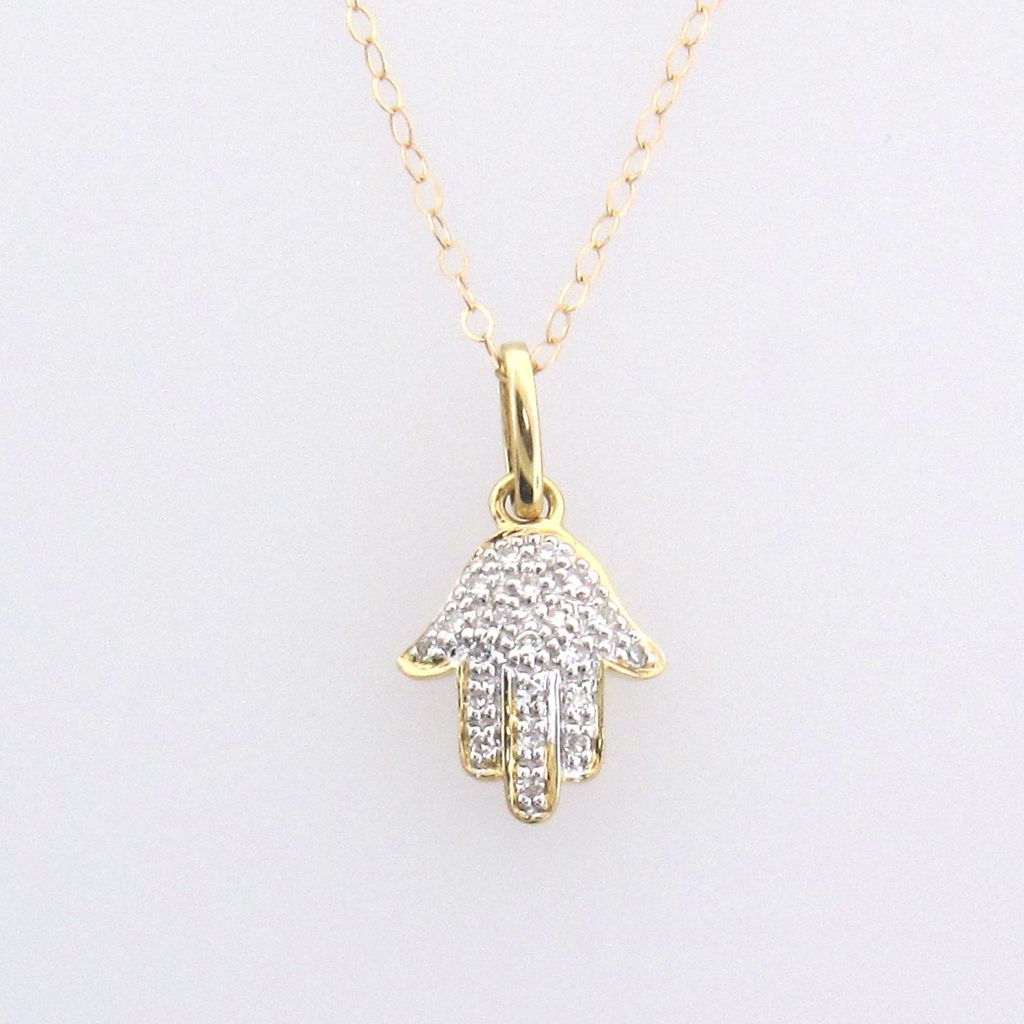 14K Solid Gold And Diamond Hamsa Hand Necklace For Protection - Yellow ...