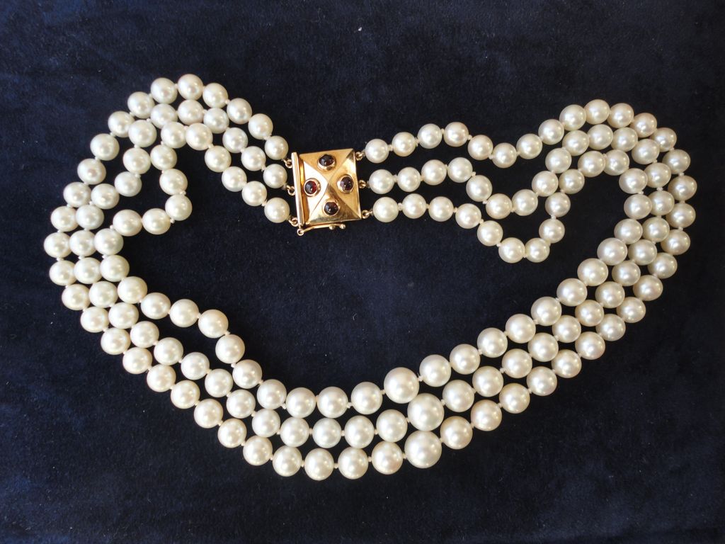 Vintage Three Strand High Quality Cultured Pearl Necklace Heavy 14K ...