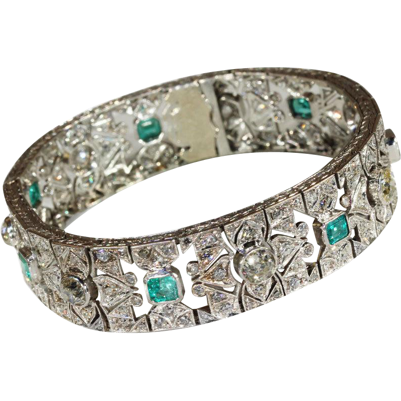 Glittering Art Deco Diamond and Emerald Bracelet in Platinum, c. 1920 ...